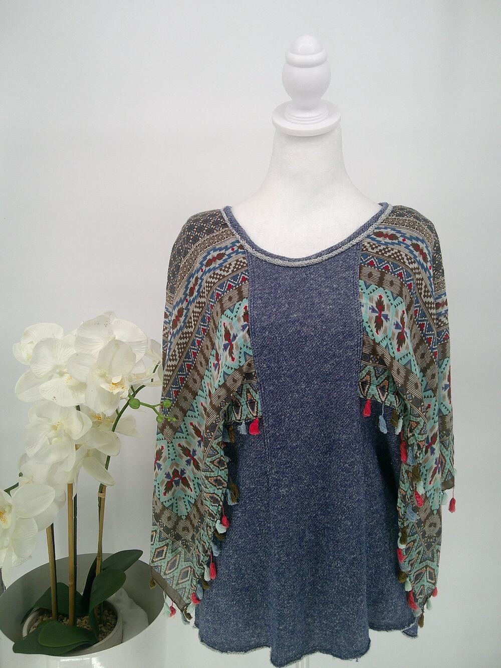 Uncle Frank Womens Blue Southwestern Boho Tasseled High Low Blouse Medium NWOT